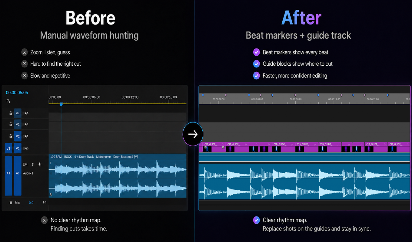 Cut to Beat before and after showing manual waveform hunting versus beat markers and a guide track.