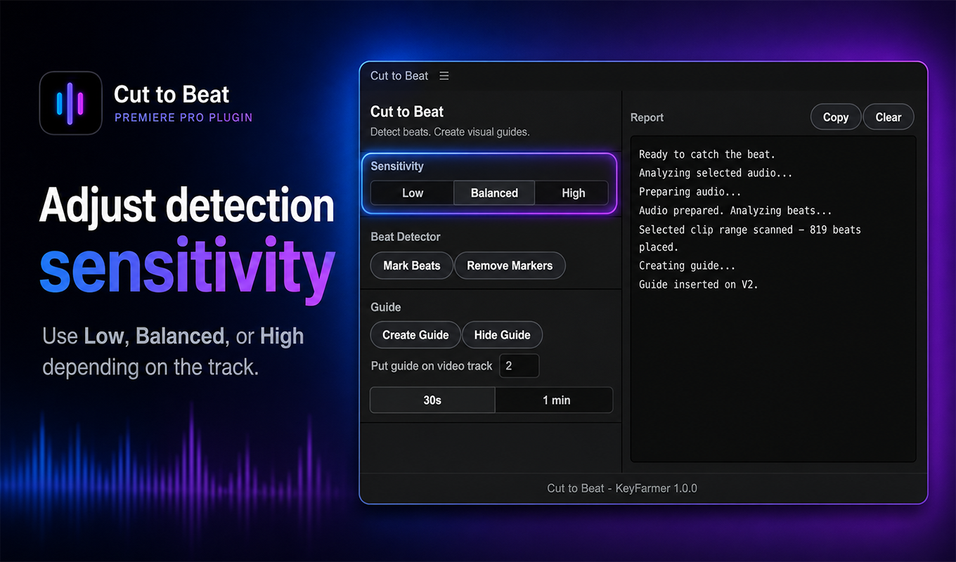 Cut to Beat sensitivity controls for low, balanced, and high beat detection.