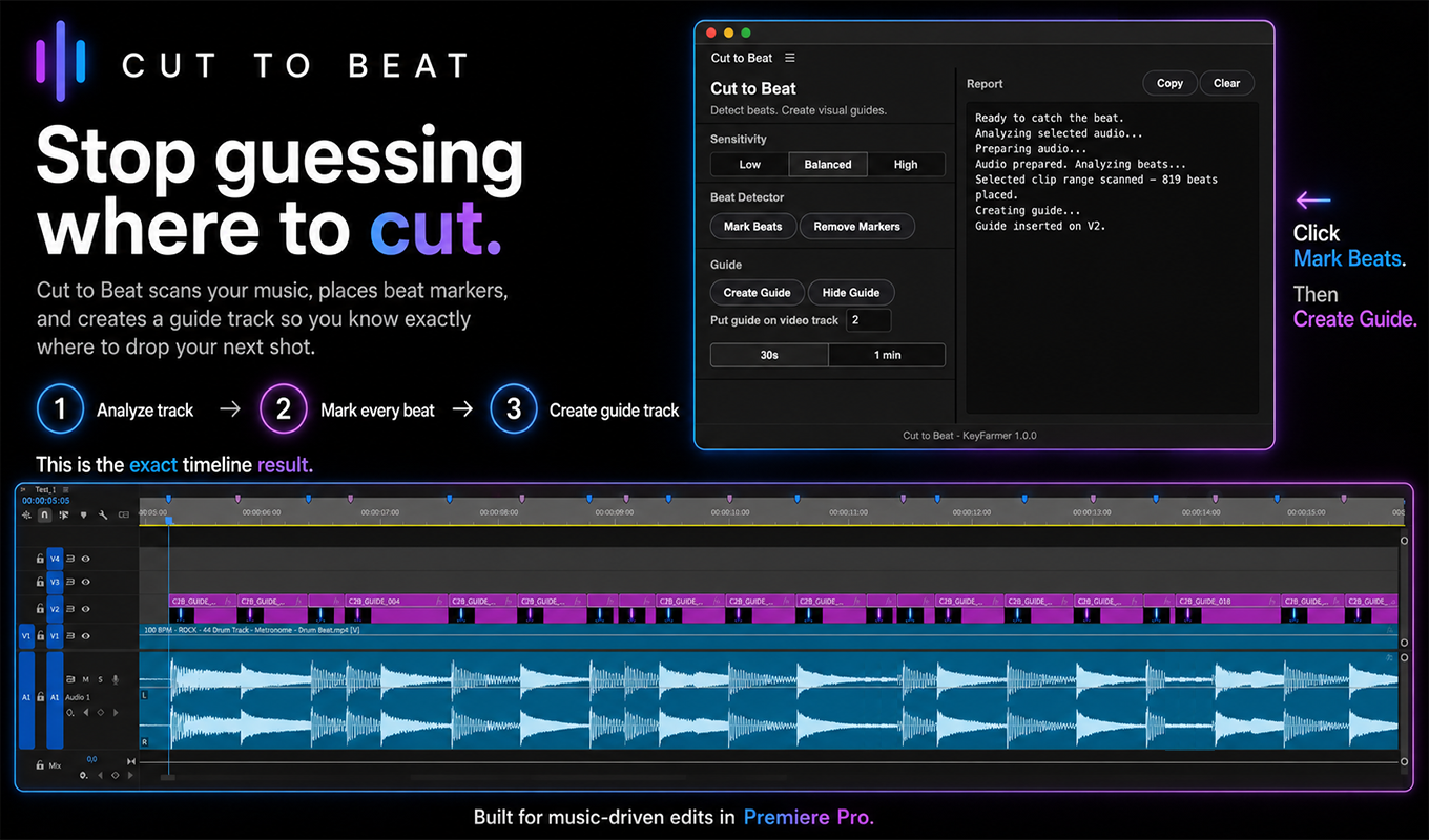 Cut to Beat product poster for the Premiere Pro plugin.